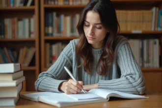 Étudiante prenant des notes avec des connecteurs logiques dans un carnet à une table de bibliothèque universitaire