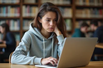 Étudiante frustrée devant son ordinateur portable en bibliothèque universitaire, tentant de se connecter à son espace numérique étudiant