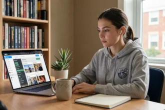 Étudiante en ingénierie suivant un cours en ligne sur le campus digital ESME depuis son appartement étudiant