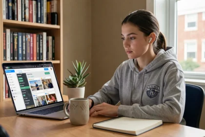 Étudiante en ingénierie suivant un cours en ligne sur le campus digital ESME depuis son appartement étudiant