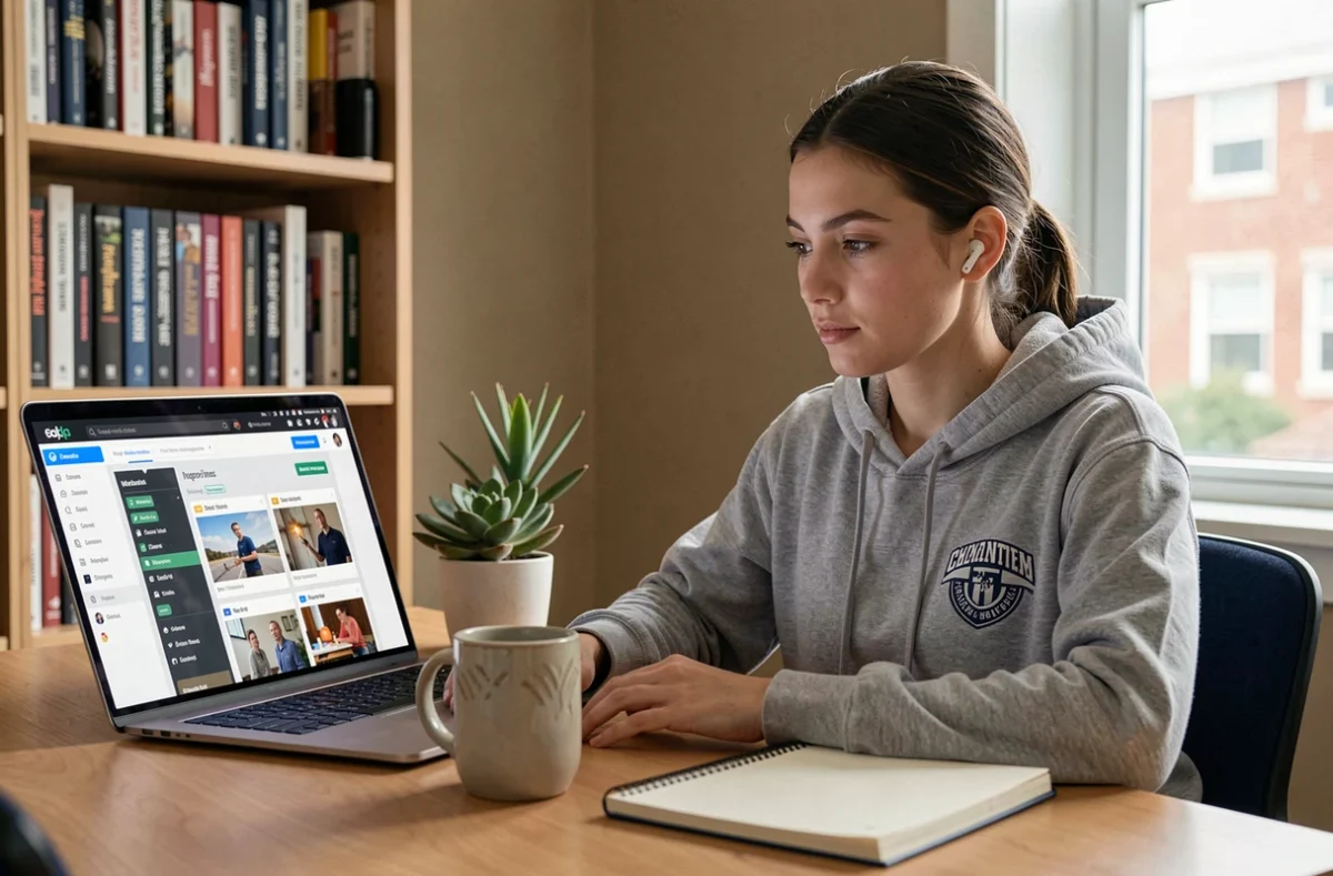 Étudiante en ingénierie suivant un cours en ligne sur le campus digital ESME depuis son appartement étudiant