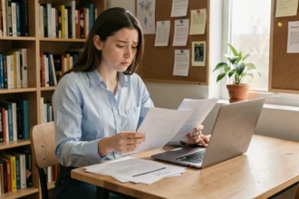 Jeune femme étudiante vérifiant ses documents pour l'inscription à Pôle emploi à son bureau dans un appartement étudiant