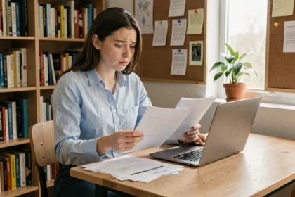 Jeune femme étudiante vérifiant ses documents pour l'inscription à Pôle emploi à son bureau dans un appartement étudiant