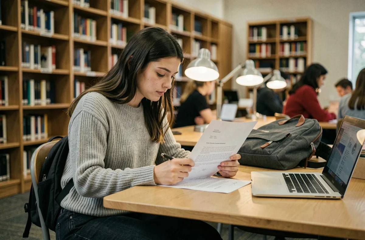 Étudiante relisant sa lettre de recommandation universitaire dans une bibliothèque académique