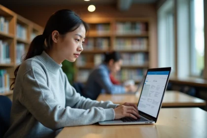Étudiante utilisant la plateforme numérique Eduservices my campus sur un ordinateur portable dans une bibliothèque universitaire moderne
