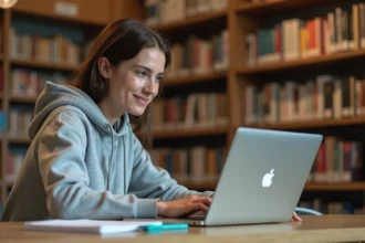 Étudiante de PSB découvrant les fonctionnalités cachées de Psblearn sur son ordinateur portable dans une bibliothèque universitaire moderne