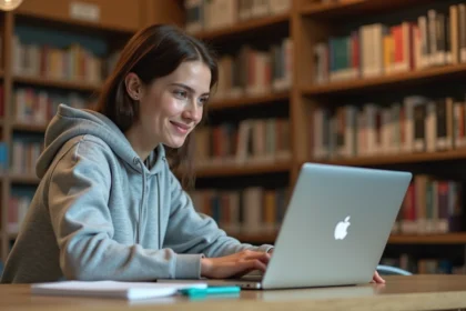 Étudiante de PSB découvrant les fonctionnalités cachées de Psblearn sur son ordinateur portable dans une bibliothèque universitaire moderne