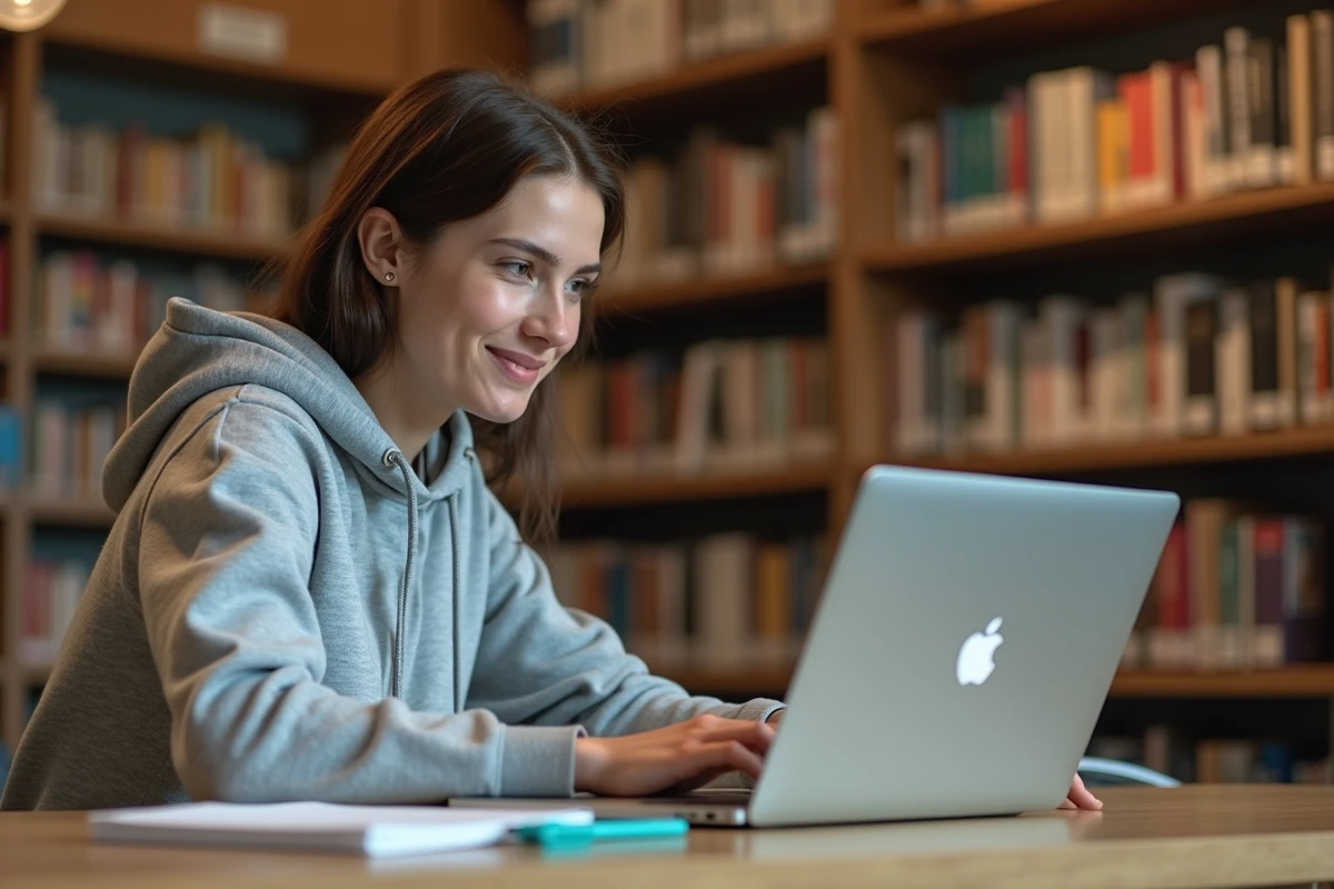 Étudiante de PSB découvrant les fonctionnalités cachées de Psblearn sur son ordinateur portable dans une bibliothèque universitaire moderne