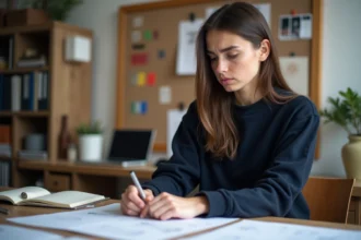 Jeune étudiante en design révisant son dossier de candidature pour la formation GOBELINS, entourée de planches graphiques et d'un sketchbook ouvert