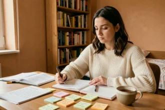 Étudiante révisant la conjugaison du verbe tener au passé simple avec des fiches mémo colorées sur un bureau en bois