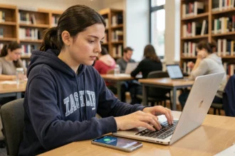 Étudiante sécurisant son compte ENT Bordeaux INP avec une double authentification sur ordinateur portable et smartphone dans une bibliothèque universitaire