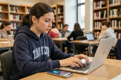 Étudiante sécurisant son compte ENT Bordeaux INP avec une double authentification sur ordinateur portable et smartphone dans une bibliothèque universitaire