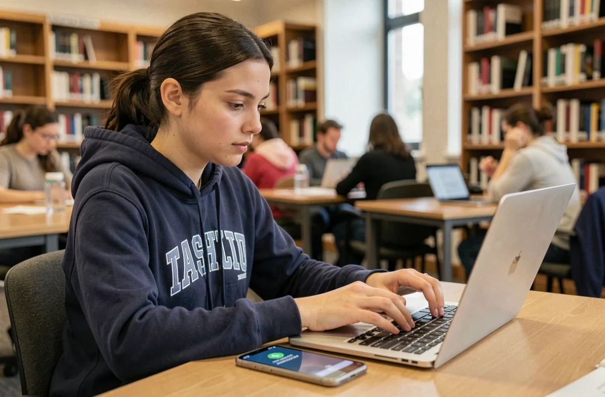 Étudiante sécurisant son compte ENT Bordeaux INP avec une double authentification sur ordinateur portable et smartphone dans une bibliothèque universitaire