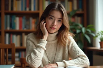 Jeune femme étudiant la grammaire espagnole avec des manuels ouverts et des notes manuscrites sur un bureau en bois