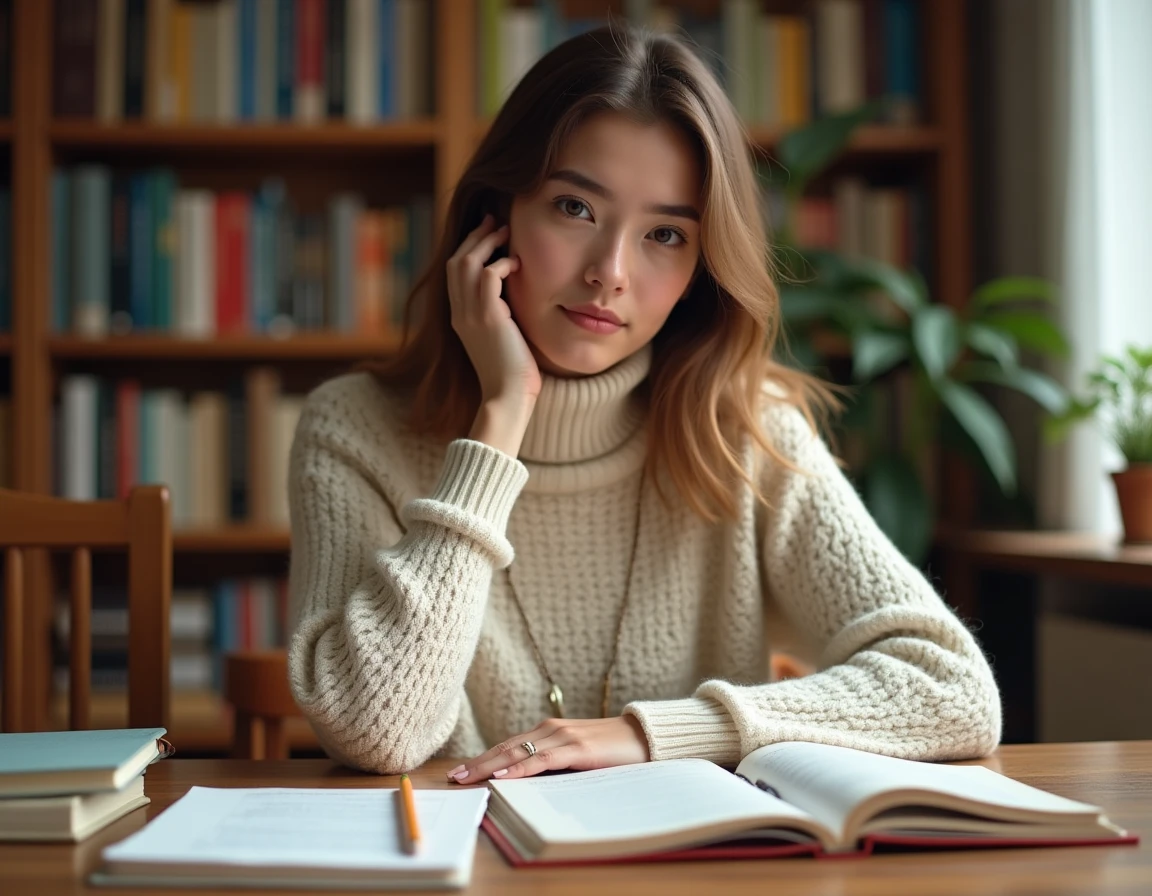 Jeune femme étudiant la grammaire espagnole avec des manuels ouverts et des notes manuscrites sur un bureau en bois