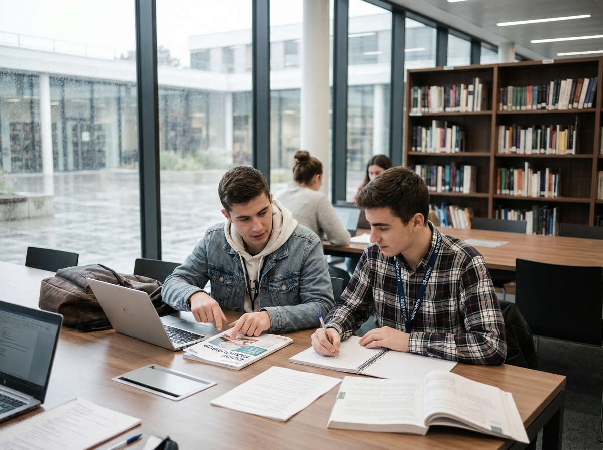 Deux étudiants en école d'animation discutant du dossier Parcoursup dans une bibliothèque universitaire moderne
