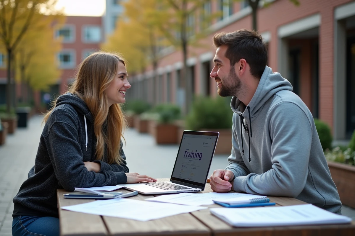 Deux étudiants en BTS MS et CIRA collaborant sur un plan d'entraînement en terrasse de campus