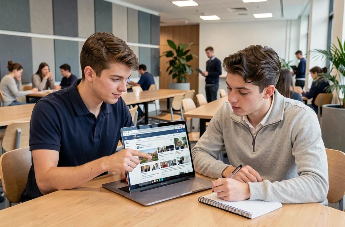 Deux étudiants ESME collaborant sur la plateforme My Digital Campus dans un espace de travail commun moderne
