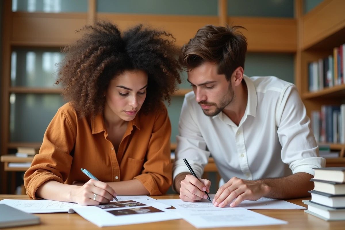Deux étudiants en école d'art collaborant sur la vérification d'un dossier de candidature dans une bibliothèque universitaire, entourés de portfolios imprimés et de notes manuscrites