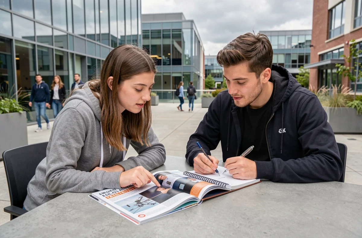 Deux étudiants comparant le classement des écoles d'ingénieurs 2026 sur une terrasse de campus universitaire