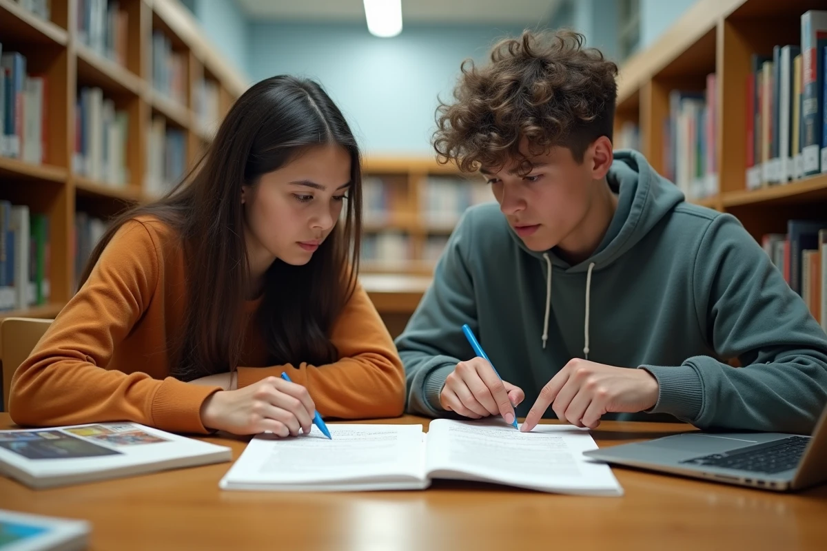 Deux lycéens comparant une copie brute et un commentaire composé corrigé en version finale à la bibliothèque