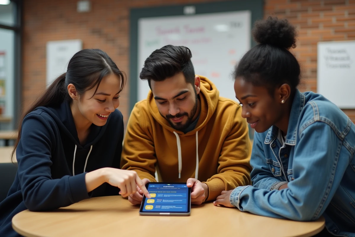 Groupe d'étudiants explorant ensemble une application intranet campus sur tablette dans un espace de travail collaboratif universitaire