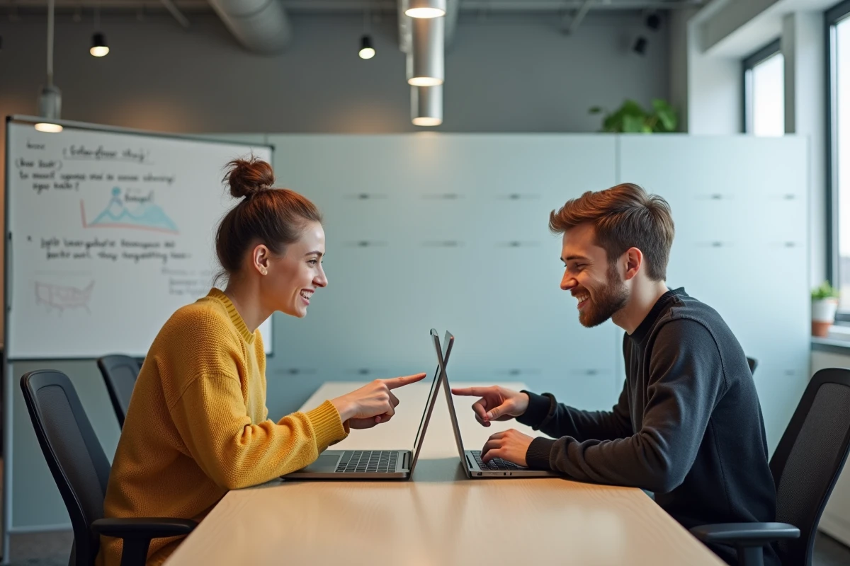 Deux étudiants de PSB collaborant ensemble sur les outils méconnus de la plateforme Psblearn dans un espace de travail collaboratif moderne