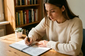 Jeune femme étudiant les tableaux de conjugaison espagnole dans un bureau cosy avec des livres de langue en arrière-plan