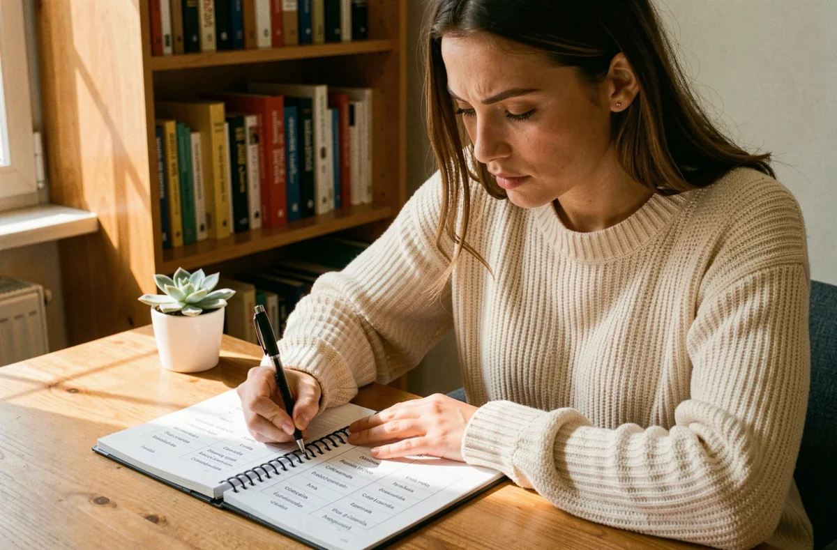 Jeune femme étudiant les tableaux de conjugaison espagnole dans un bureau cosy avec des livres de langue en arrière-plan
