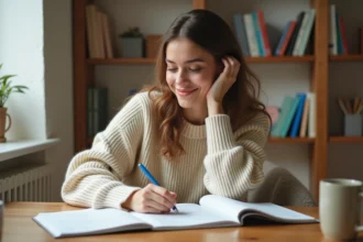Jeune femme faisant des exercices de conjugaison du verbe partir au présent dans un cahier de grammaire française
