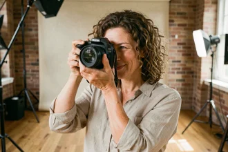 Femme adulte débutante tenant un appareil photo reflex lors d'un cours de photographie en studio