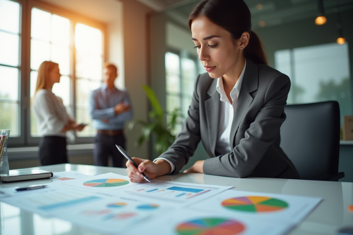 Femme d'affaires confiante analysant des graphiques dans un bureau