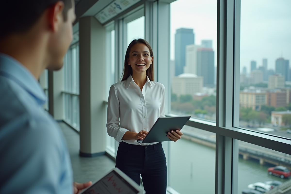 Jeune femme en business casual avec tablette économique