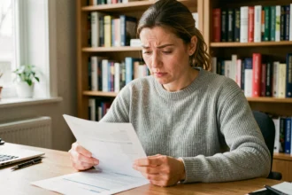 Femme concentrée analysant ses résultats de test de QI imprimés à son bureau à domicile