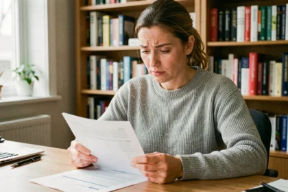 Femme concentrée analysant ses résultats de test de QI imprimés à son bureau à domicile