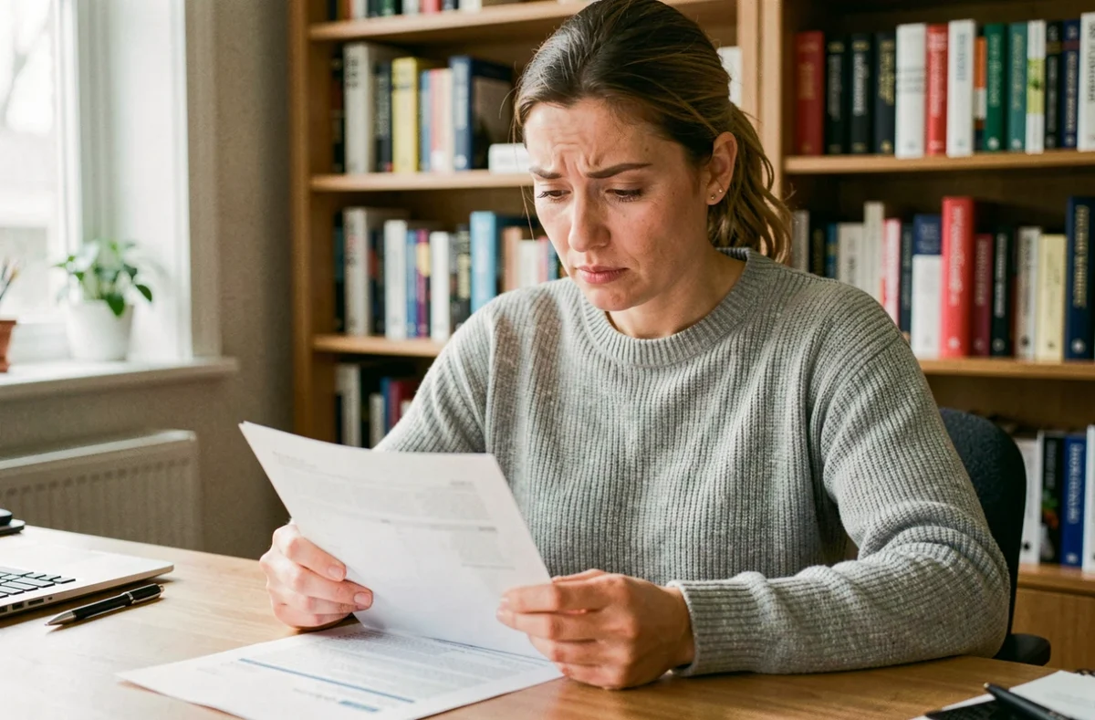 Femme concentrée analysant ses résultats de test de QI imprimés à son bureau à domicile