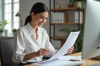 Jeune femme en blanc et pantalon tailleur dans un bureau moderne