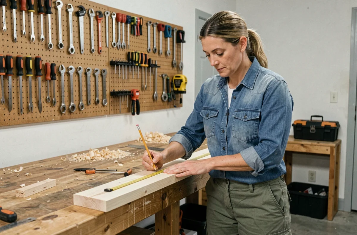 Femme mesurant une planche en bois dans un atelier garage, apprendre le bricolage en autonomie à la maison