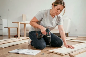 Femme autonome utilisant une perceuse sans fil pour assembler des meubles chez elle, cours bricolage pour femme seule