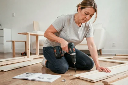 Femme autonome utilisant une perceuse sans fil pour assembler des meubles chez elle, cours bricolage pour femme seule