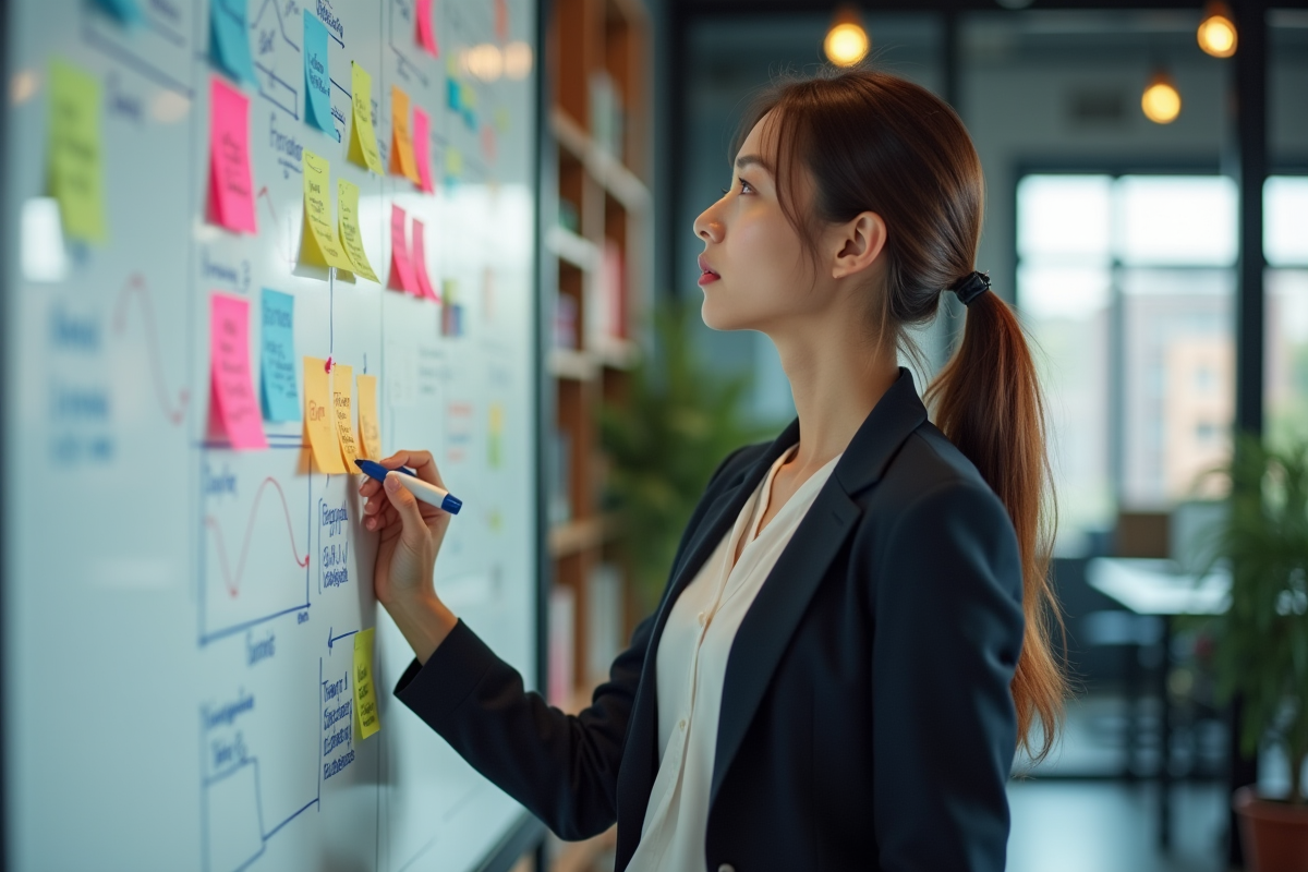 Jeune femme écrivant sur un tableau blanc en réunion