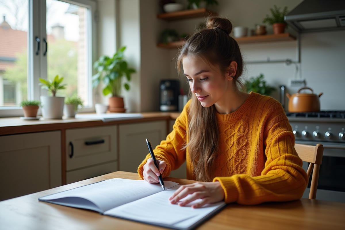 Jeune femme canadienne lisant Loi C31 à la maison