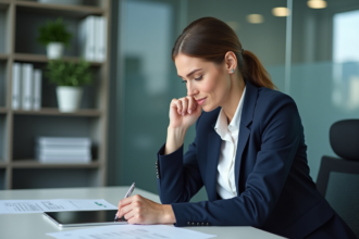 Femme en blazer bleu dans un bureau moderne