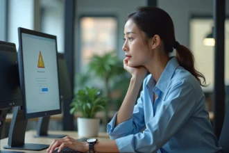 Femme au bureau devant un écran erreur de connexion