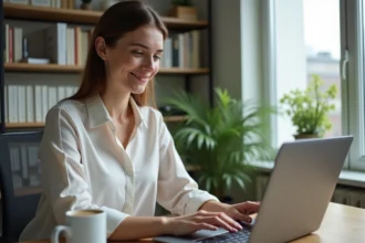 Femme au bureau à domicile travaillant sur son ordinateur portable