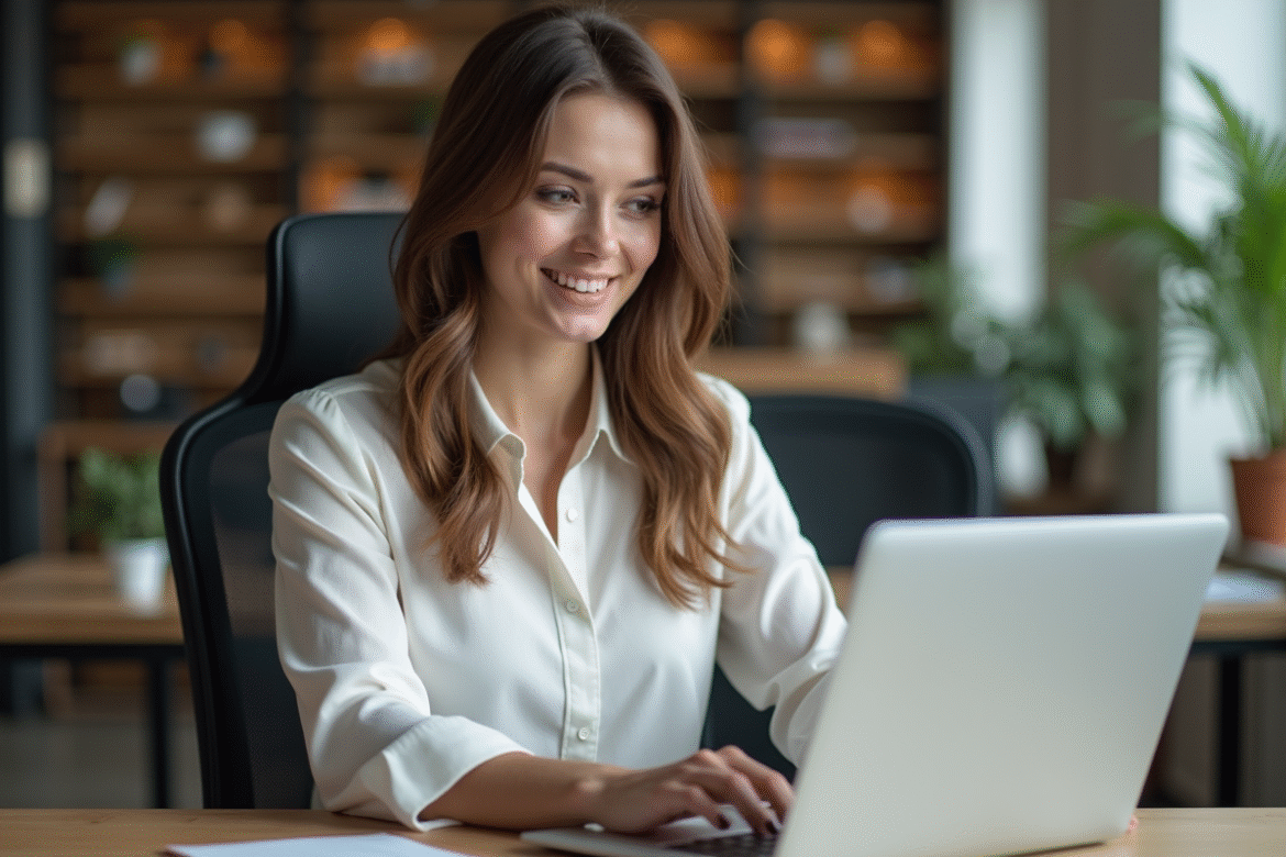 Femme daffaires assise à un bureau moderne avec un ordinateur