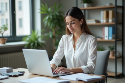 Femme professionnelle au bureau organisant des documents
