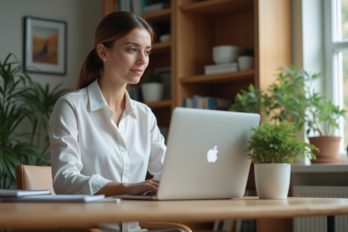 Jeune femme professionnelle travaillant à son bureau à domicile