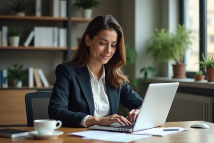 Femme d'affaires concentrée travaillant sur un ordinateur dans un bureau moderne