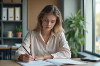 Femme au bureau universitaire en pleine rédaction